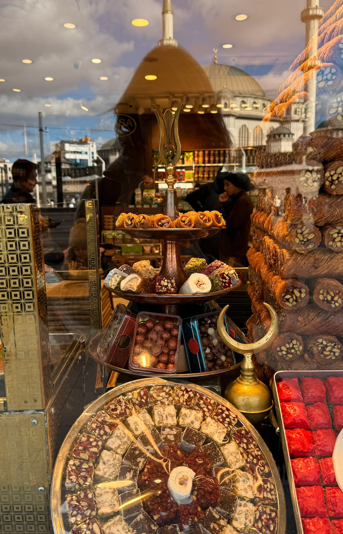 Baklava and Turkish sweets displayed in an Istanbul shop window.